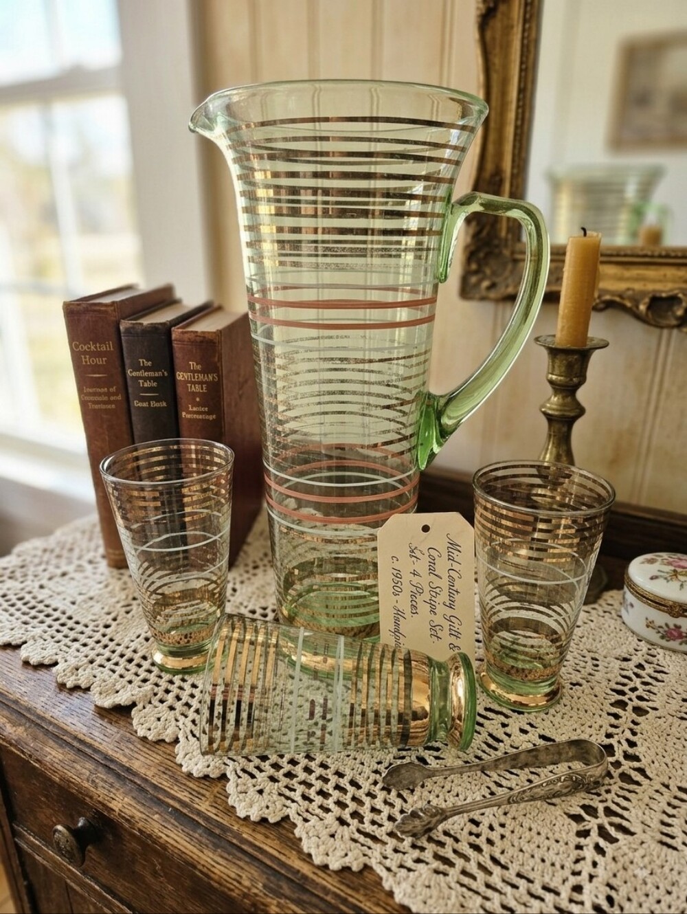Vintage Mid-Century Green Glass Pitcher & 3 Tumblers Gold Banding